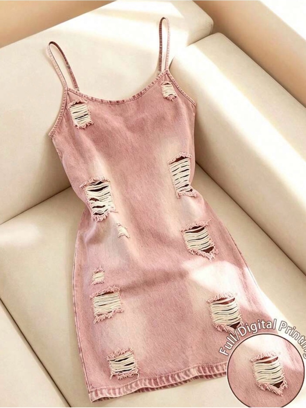 Distressed Pattern Pink Denim Slip Dress